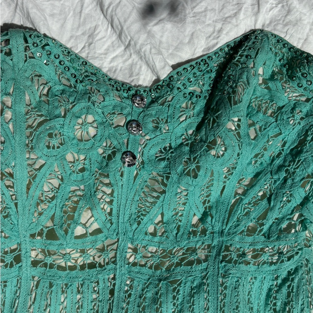 Betsey Johnson Turquoise Lace High Low Dress - Picture 2 of 5
